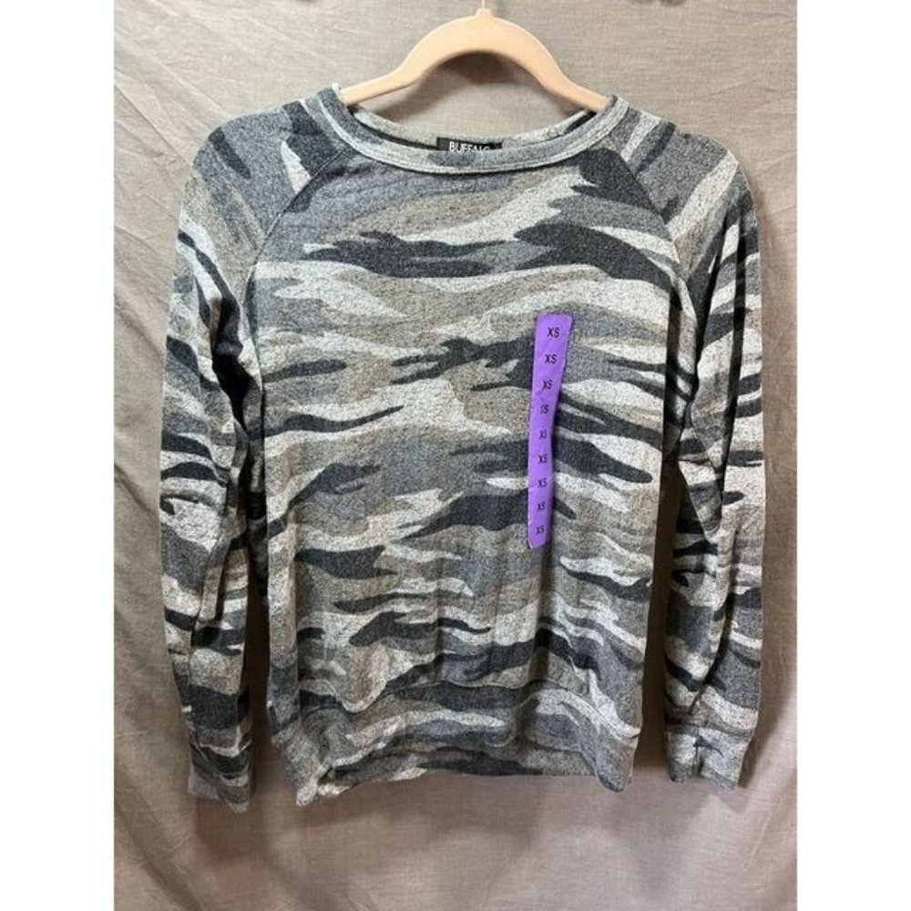 Buffalo David Bitton Womens Shirt XS Grey Long Sleeve Camouflage Pullover Ladies